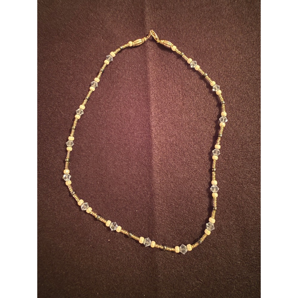 Handmade Beaded‎ Crystal Necklace Clear Gold White Bicone Seed Bead Jewelry